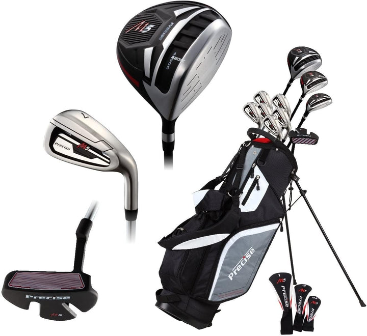 Men's Complete Right Hand Golf Clubs M5 Set Includes Titanium 460 Driver, #3 Wood, Hybrid, 5-9 Irons, pitching wedge, Putter, Stand Bag, 3 head covers.  Made of stainless steel and graphite!