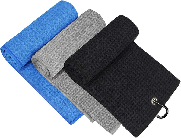 Golf Towel, 3 Pack Microfiber Golf Towels (16"X16") Blue, Black and Gray