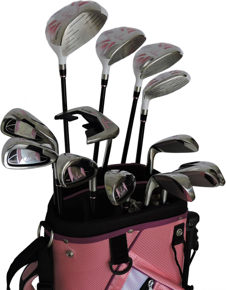 Signature Womens Pink 13 Pieces Golf Clubs and Golf Bag, Right-Hand, 1 Titanium Driver, 2 Fairway, 1 Hybrids, 6 Irons 1 Pitching Wedge 1 Sand Wedge, 1 Putter