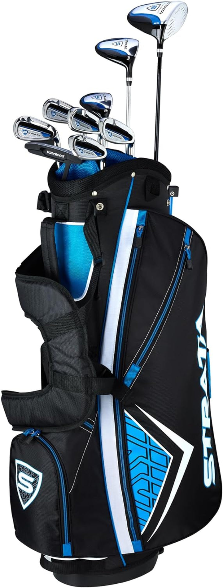 Golf Clubs Men’s Strata Complete Set- Blue, Both Left and Right-Handed, Includes, one Driver, #3 Wood, #5 Hybrid, #6-9 Irons, Pitching Wedge, & Putter, All Made of Steel.  Includes Bag Stand with Multi Pockets, & two Head Covers