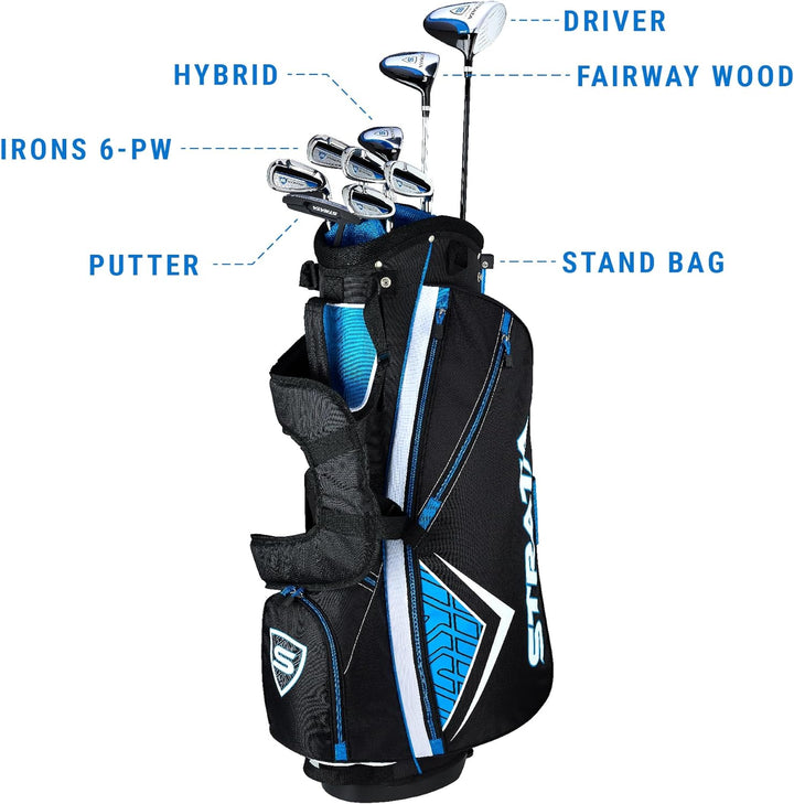 Golf Clubs Men’s Strata Complete Set- Blue, Both Left and Right-Handed, Includes, one Driver, #3 Wood, #5 Hybrid, #6-9 Irons, Pitching Wedge, & Putter, All Made of Steel.  Includes Bag Stand with Multi Pockets, & two Head Covers